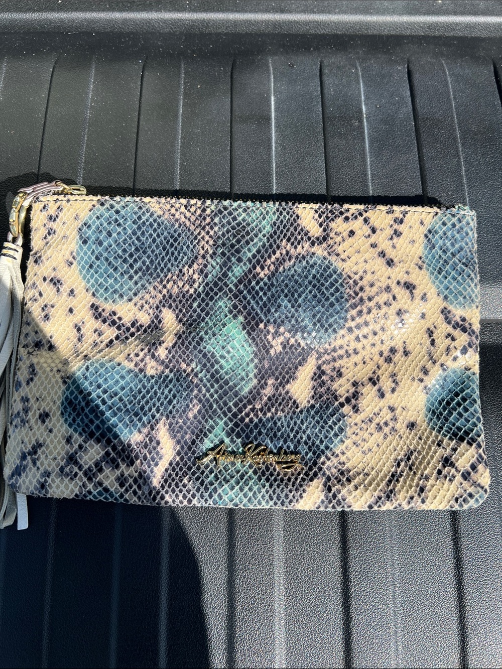 Snake-print Leather Wristlet Clutch in Teal and Beige